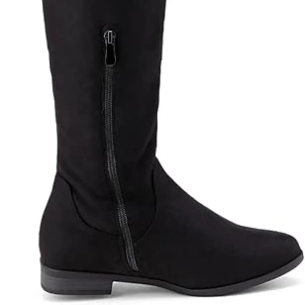 Y2K Thigh High Suede Riding Boots Lace Up Pull-On Black 1.5-inch heel